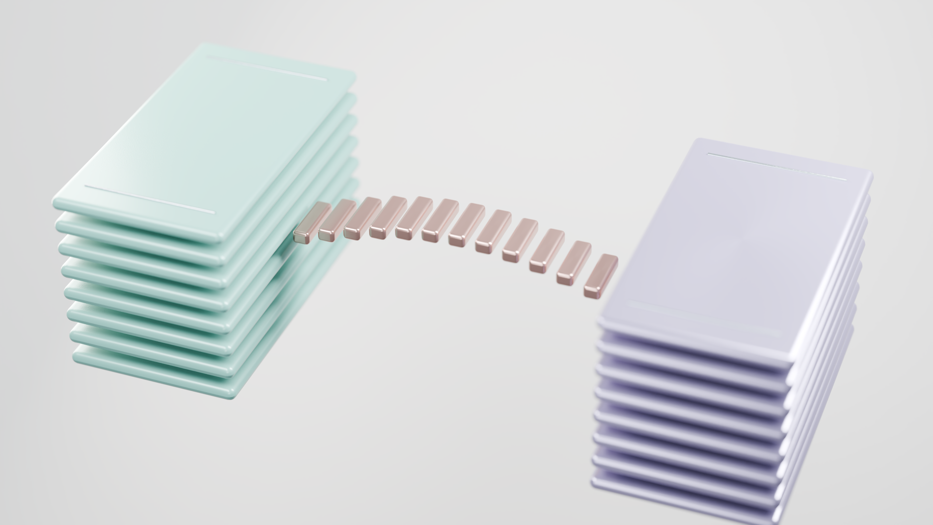 A conceptual 3D render illustrating data transfer between stacks of metallic objects.
