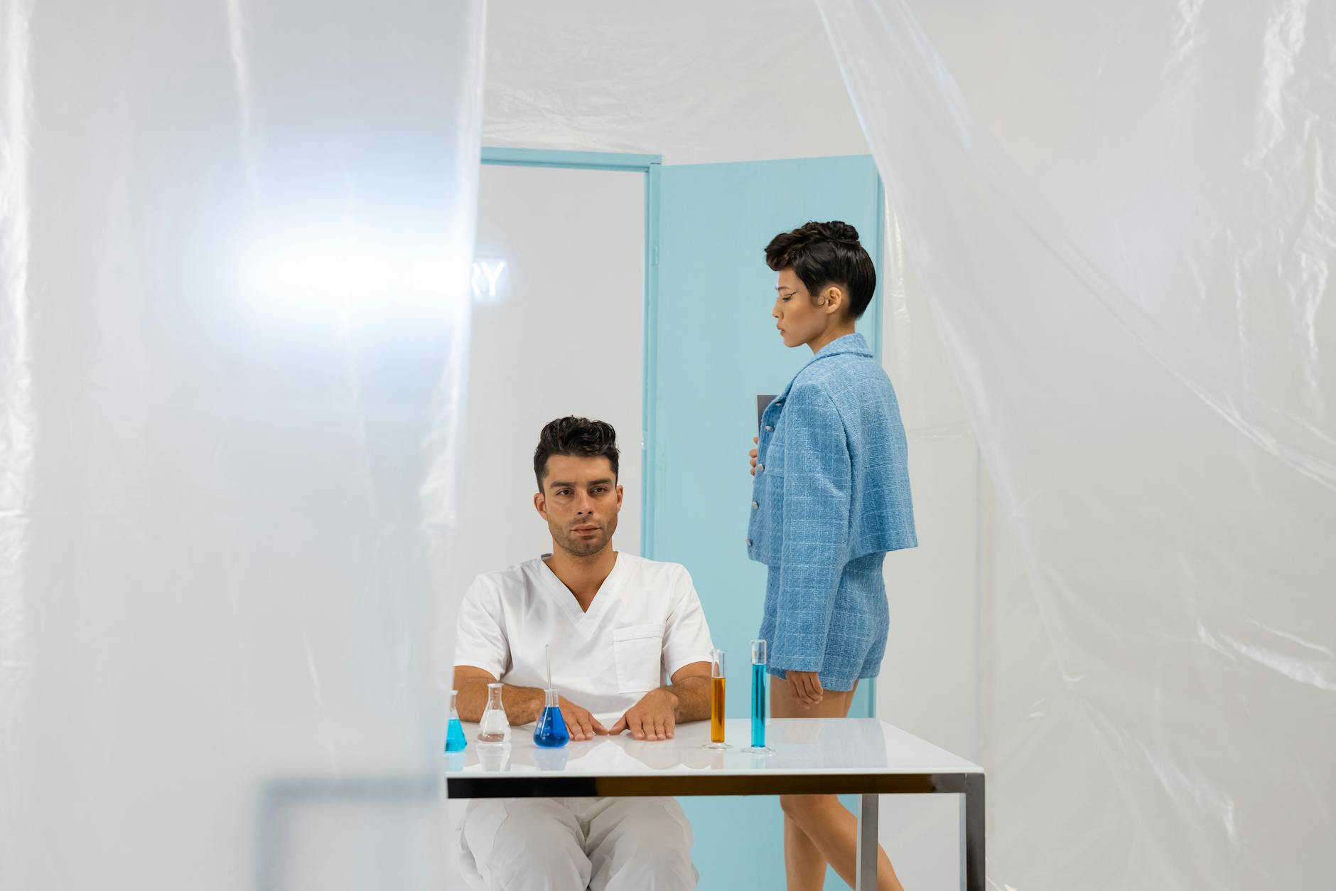 Two researchers in a futuristic lab setting with flasks on display.