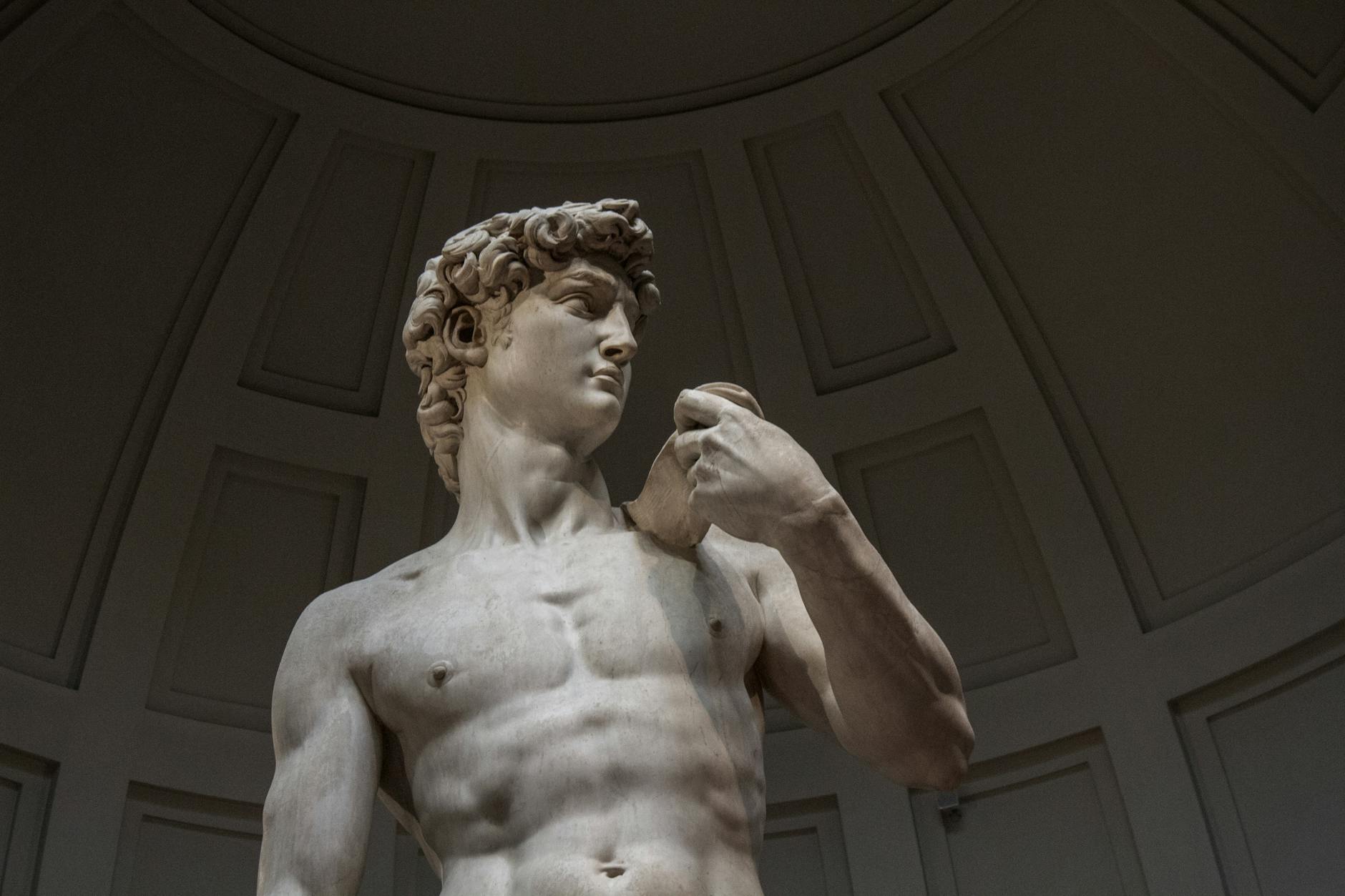 Close-up view of Michelangelo's David sculpture, located in Florence, Italy.