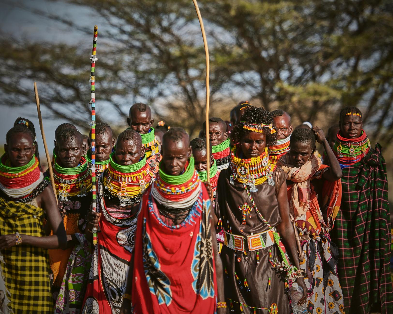 Vibrant depiction of Samburu tribe members in traditional attire during a cultural gathering in Kenya.