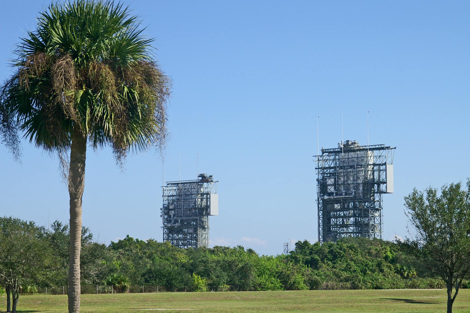 A view of launch pads amidst greenery at Cape Canaveral Space Force Station, Florida.