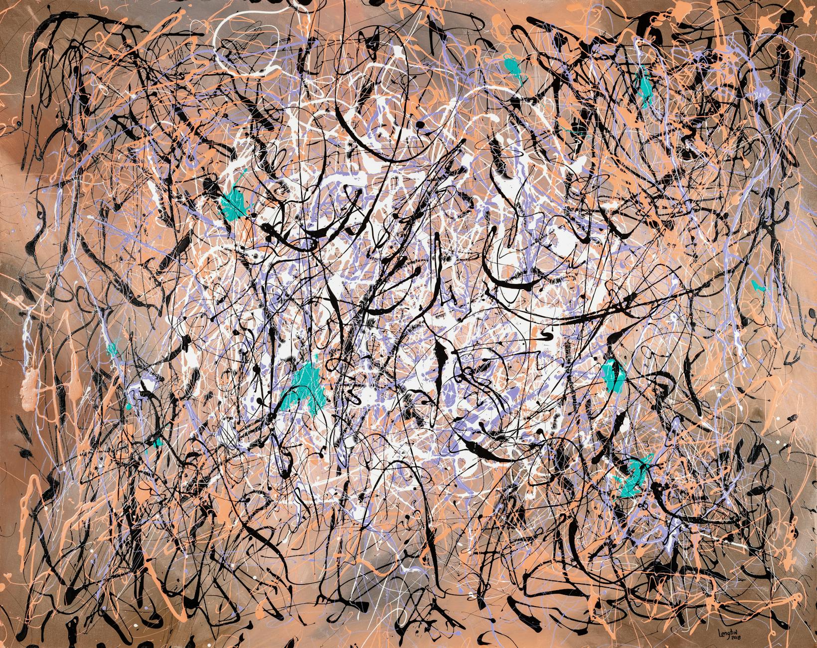 Dynamic abstract expressionist artwork featuring vivid swirls and bold splashes of color.