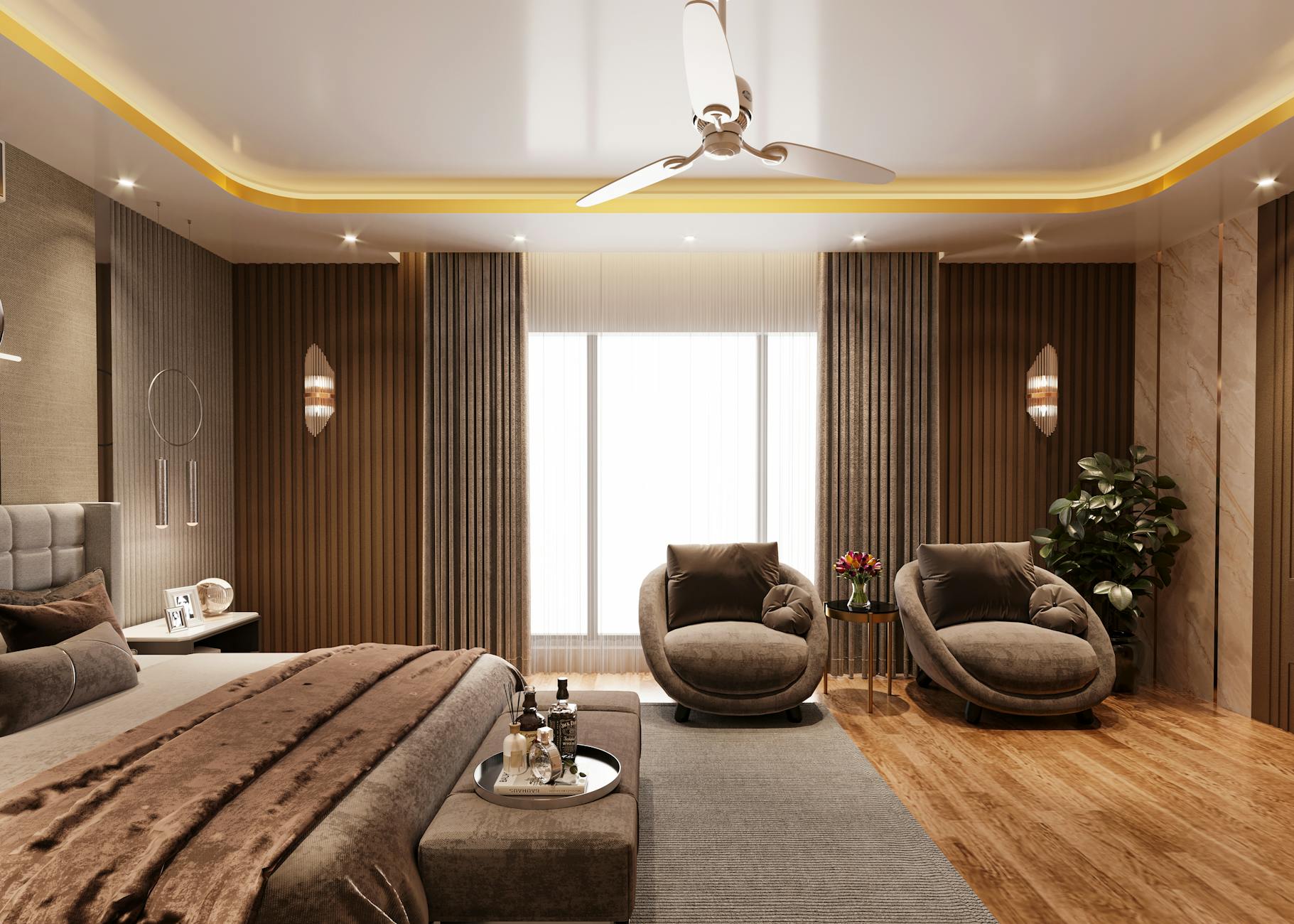 Elegant and cozy modern bedroom with stylish furniture and warm lighting.