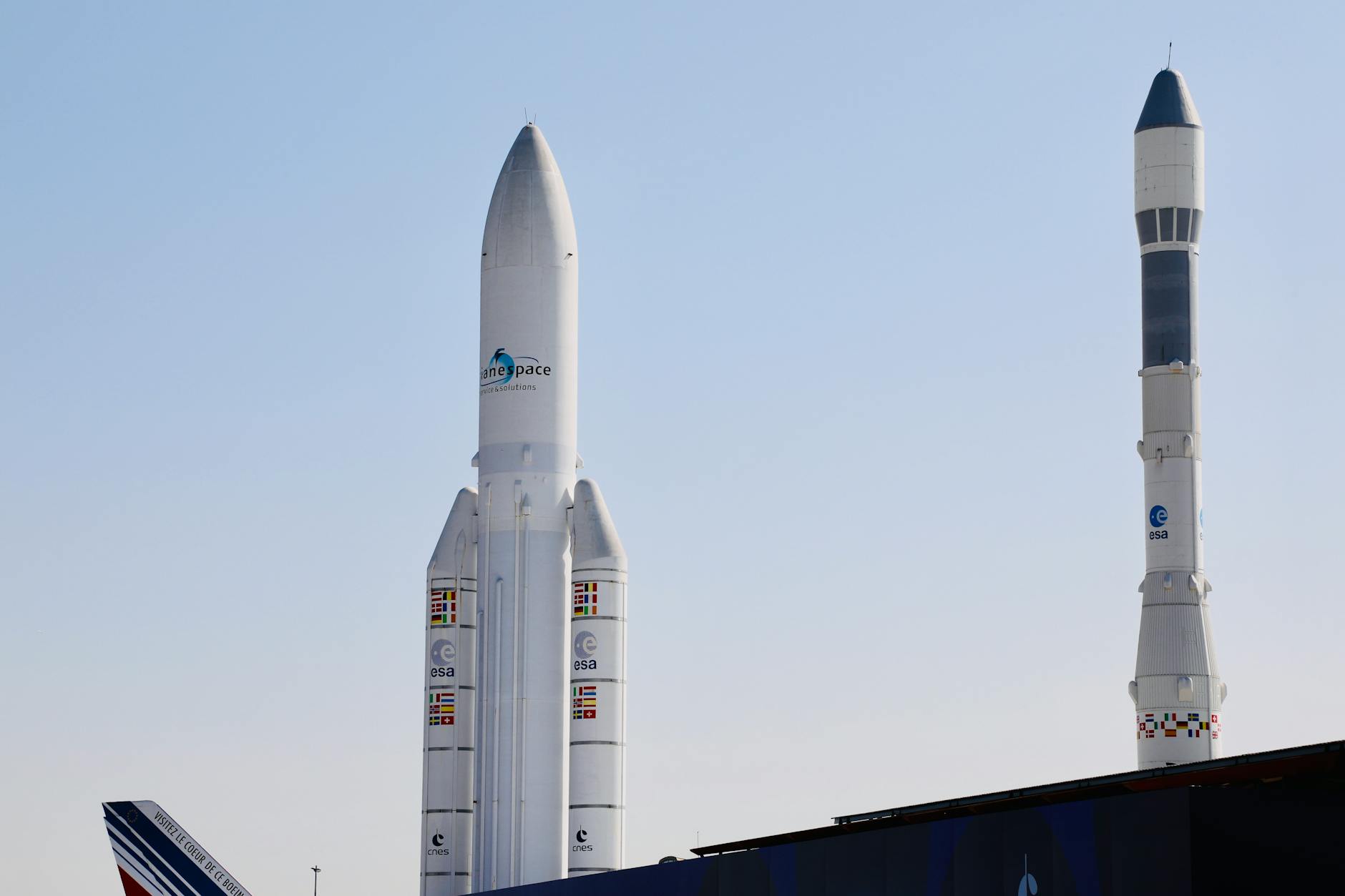 Elevated view of space rockets at Le Bourget Air Show in France on a clear day.