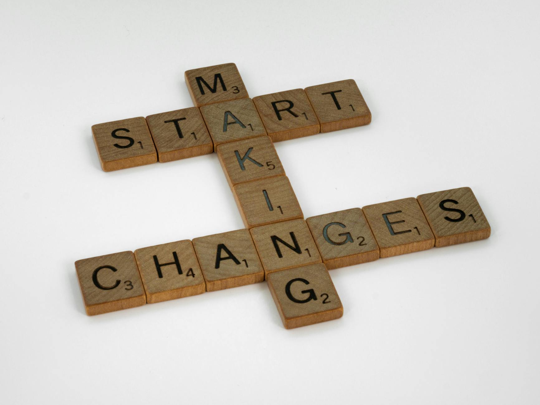 Top view of Scrabble tiles forming the phrase 'Start Making Changes' on a white background.
