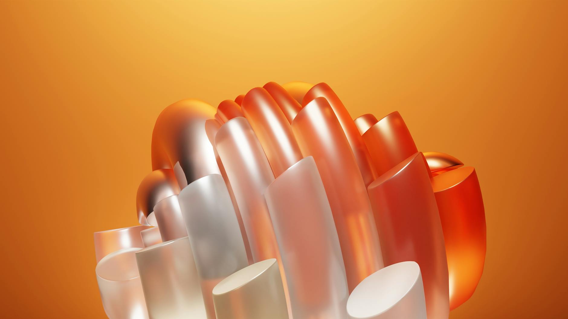 Abstract orange glass-like sculpture with gradient background.