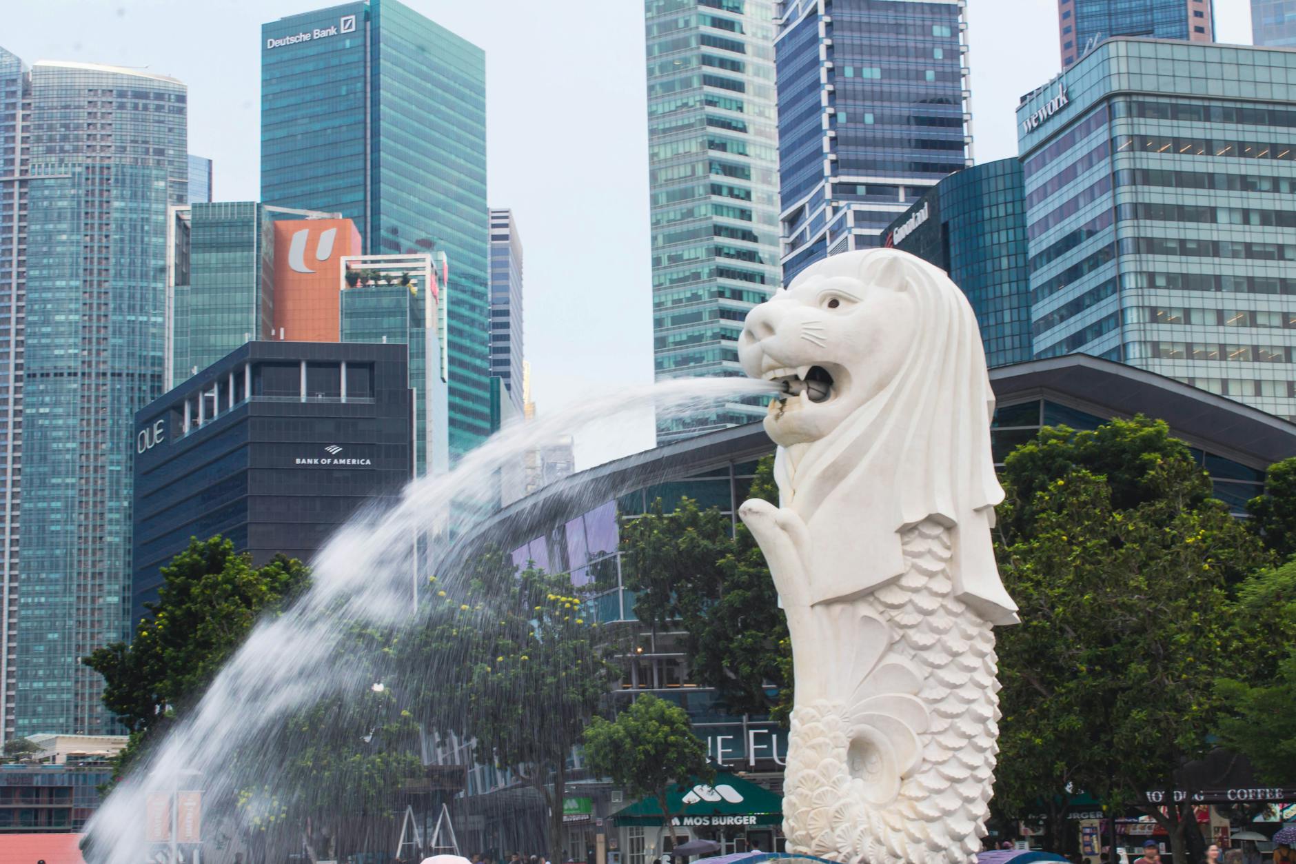 The Merlion statue with flowing water in front of Singapore's modern cityscape.