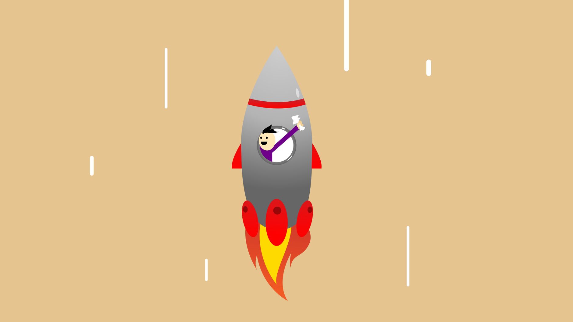 Vector illustration of happy businessman with raised hand in flying rocket after successful startup